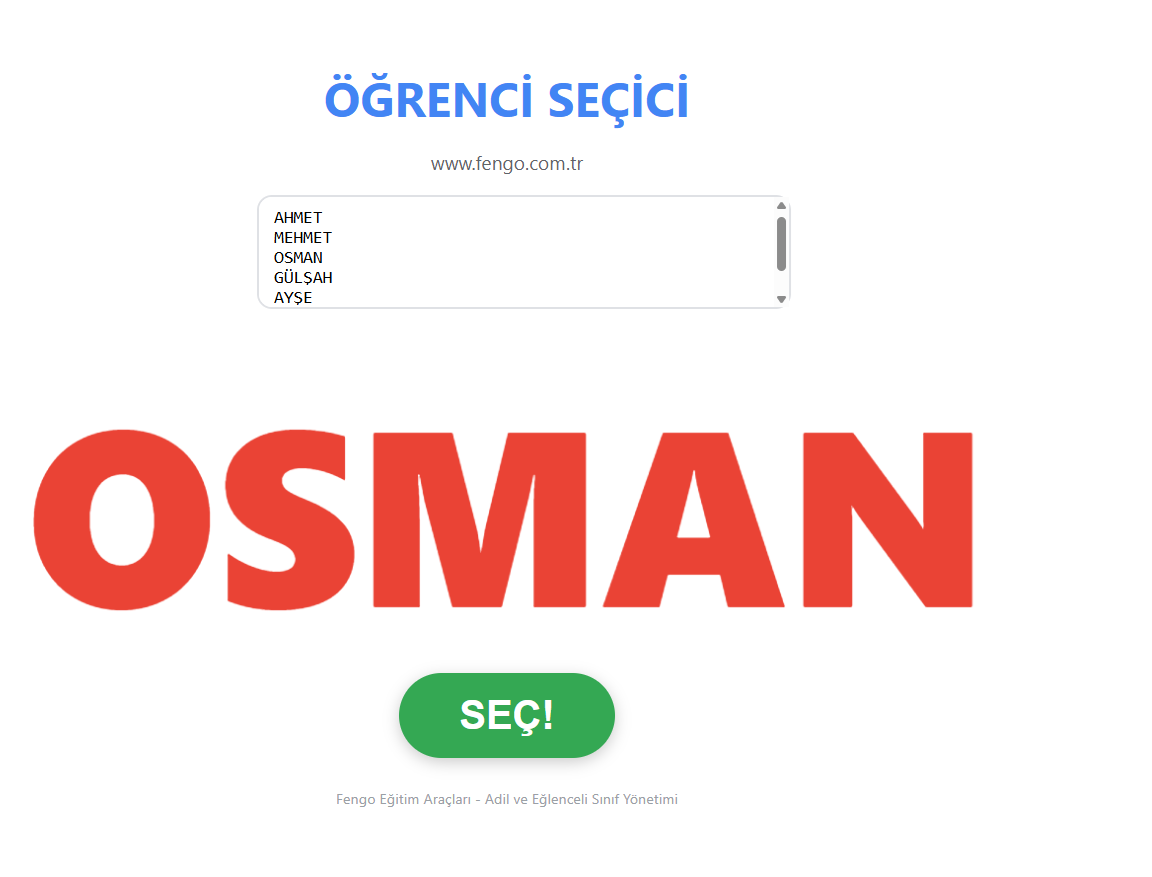 Online Rastgele Öğrenci Seçici – İsim Çarkı ve Kura Çekme | Fengo